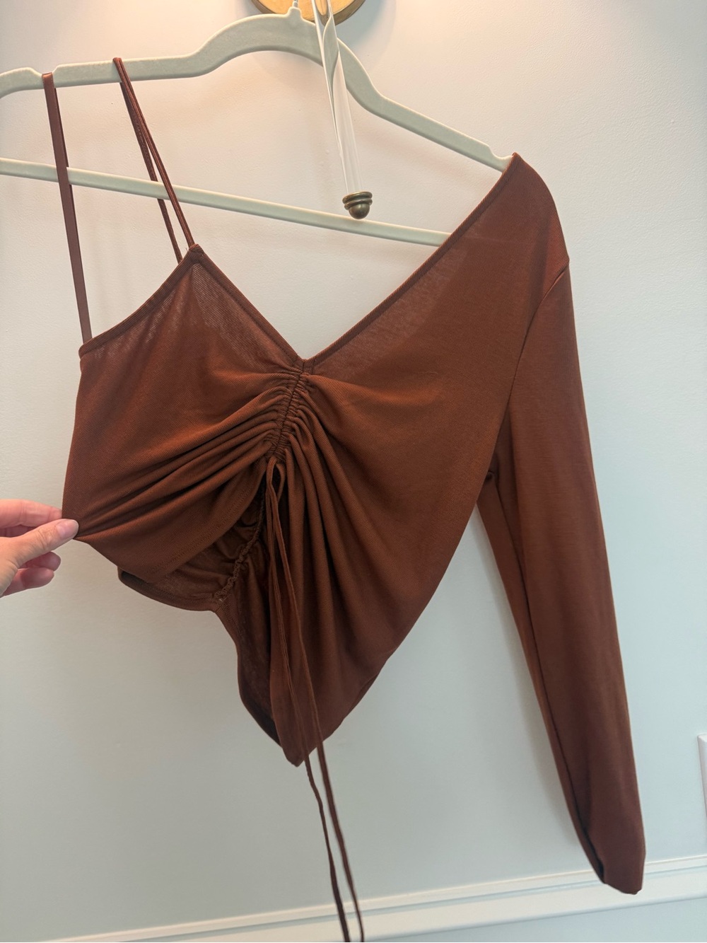 Superdown Brown Asymmetric Ruched One-Shoulder Women's Top